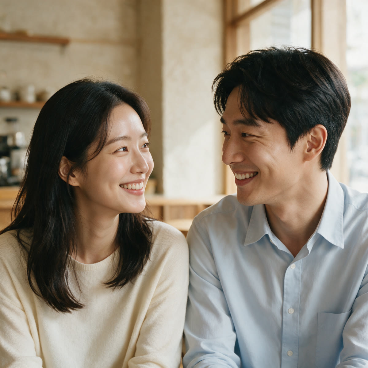 서로를 바라보며 미소 짓는 성인 남녀 원본 사진