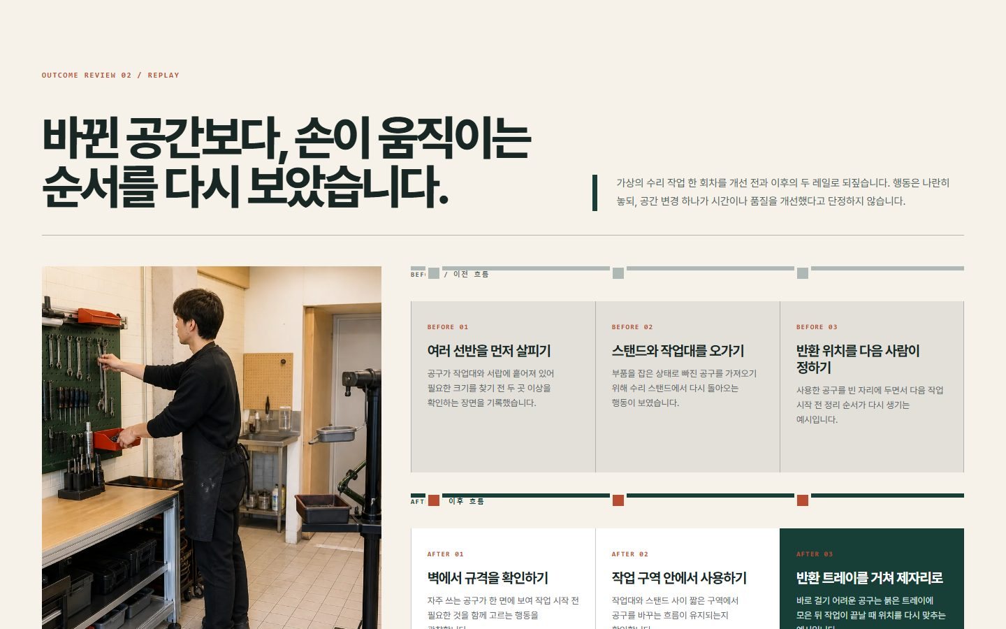 수정 전후 작업 순서를 비교해 보여주는 가상 변경 리플레이 보드