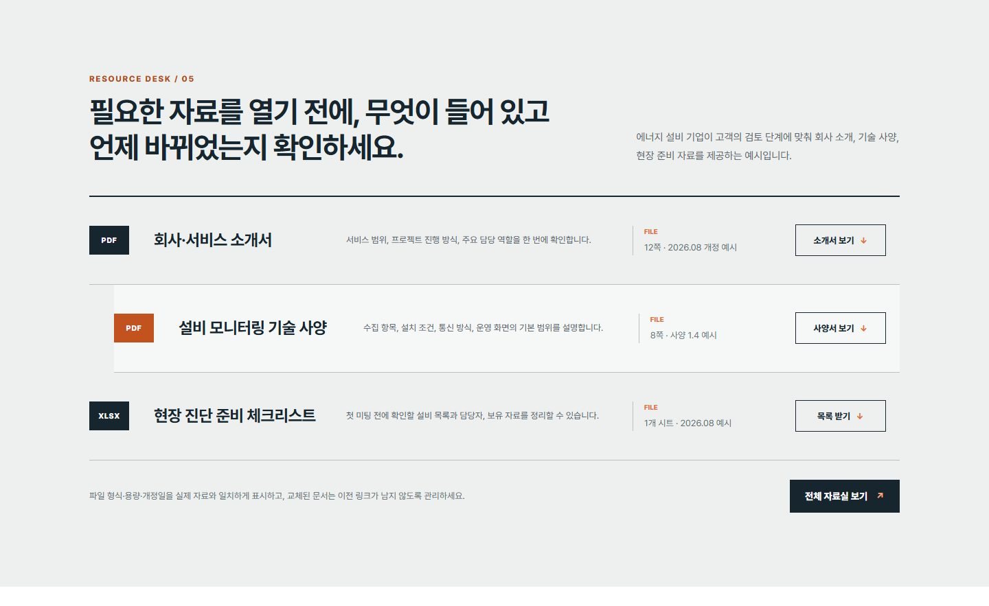 회사 소개서와 기술 사양, 체크리스트를 구분해 정리한 가상 자료 데스크