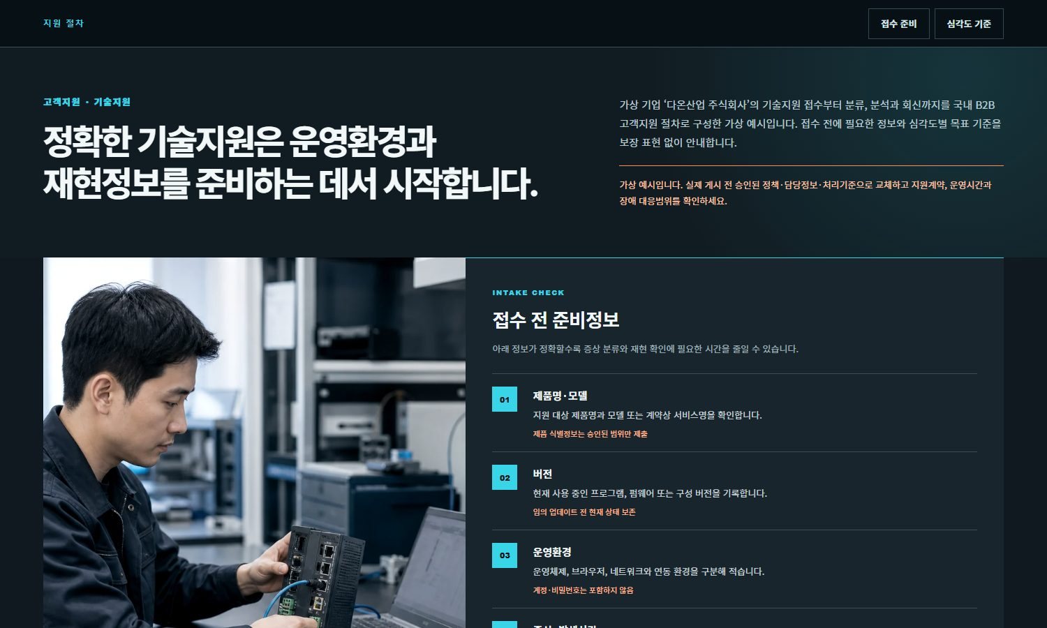 기술지원 접수·처리 절차 블록 화면