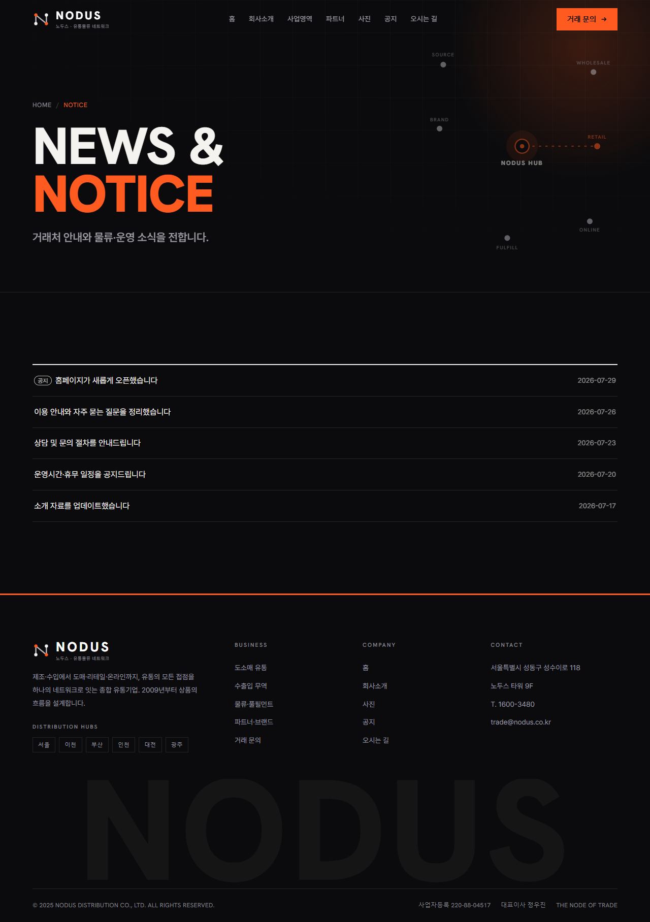 NODUS 노두스 — 유통·물류 (잉크블랙 편집형+오렌지) — 공지